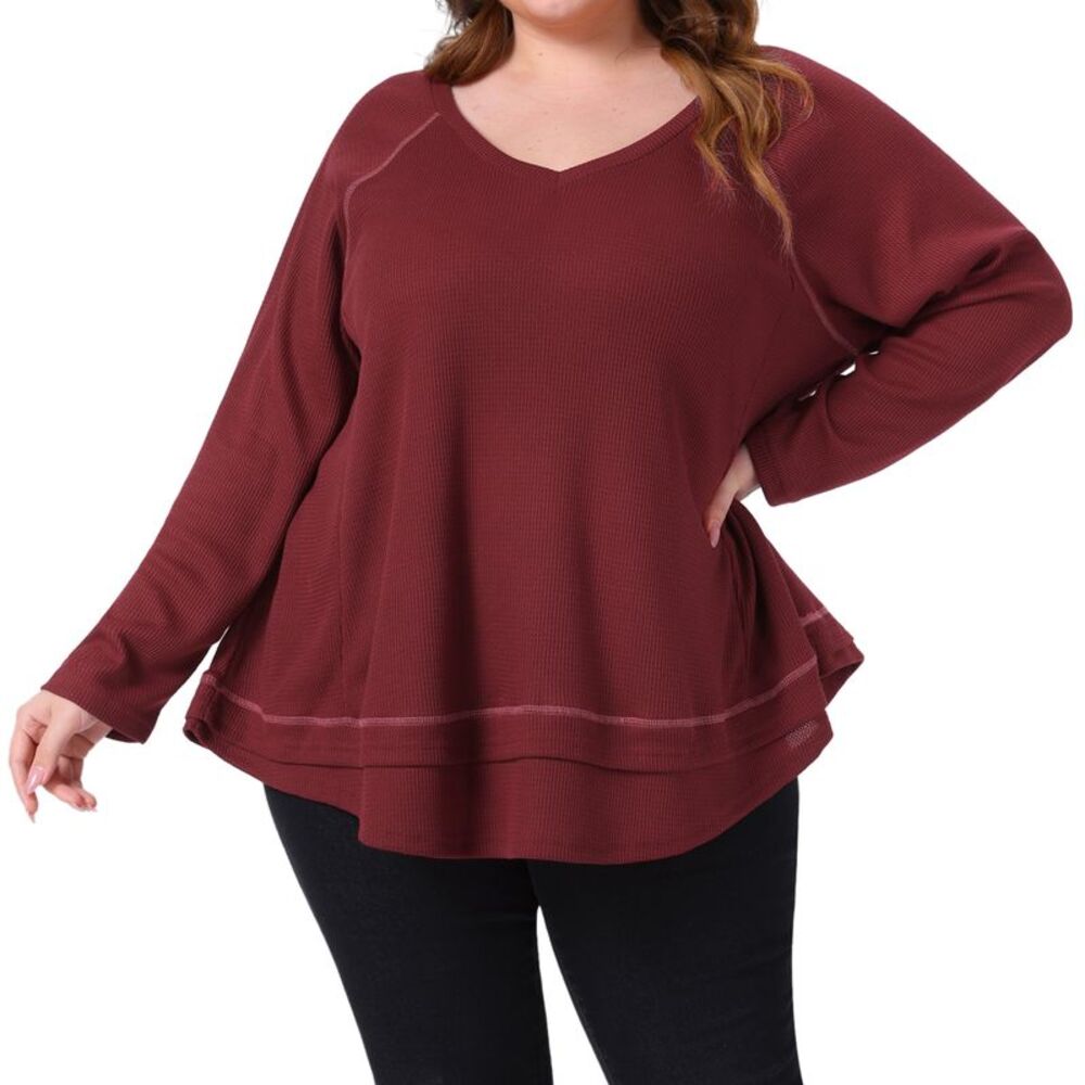 Plus Size Waffle Knitted V Neck Patchwork Hem Pullover Blouse Burgundy